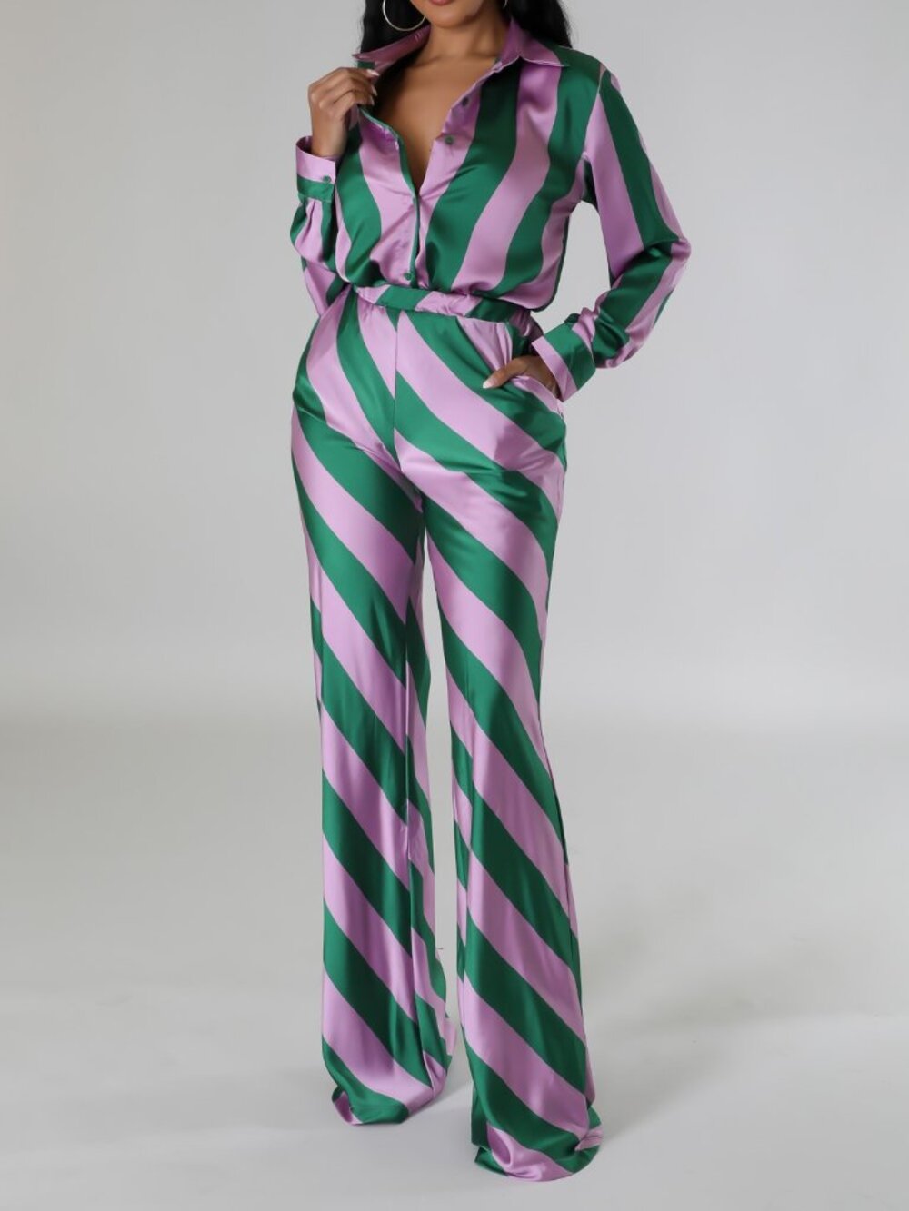 Diagonal Stripe Wide Leg Pants in Pink & Green